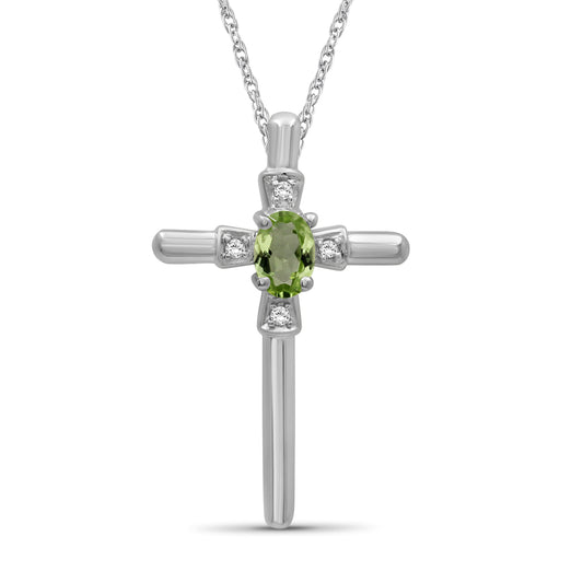 Peridot Cross Pendant with Diamond Accents in Sterling Silver or 14K Gold over Silver