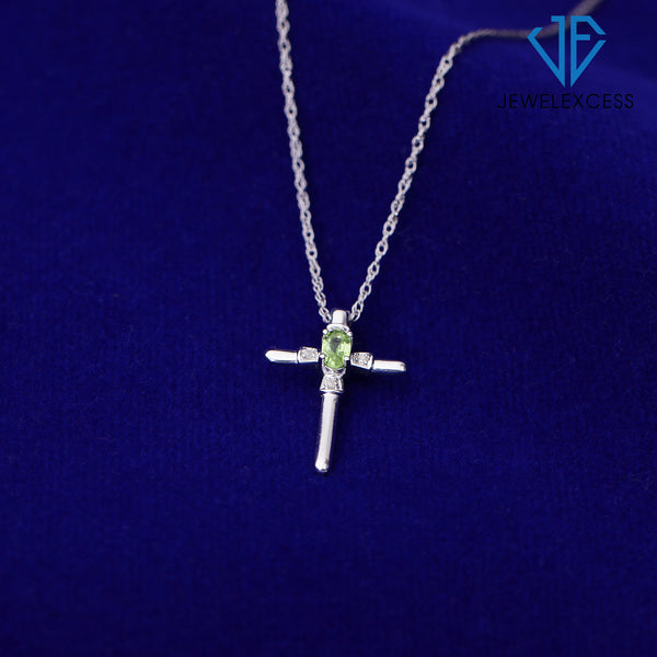 Peridot Cross Necklaces for Women – Sterling Silver Cross Necklace for Women .925 Sterling Silver Cross with White Diamond Accents – Hypoallergenic Cross Pendant