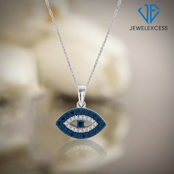 Evil Eye Necklace for Women –  1/7 CTW Blue and White Diamond Necklace with .925 Sterling Silver Rope Chain – Spiritual, Zodiac, Gift Pendant - Sterling Silver Necklace Gifts for Women