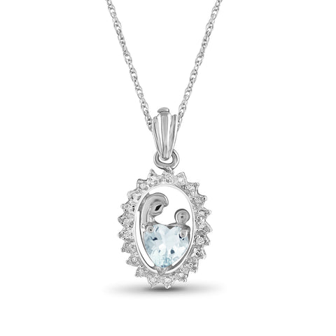 1/3 Carat T.G.W. Aquamarine And White Diamond Accent Sterling Silver Mother and Child Pendant, 18"