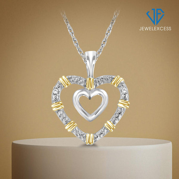 Accent White Diamond Heart Pendant in Two Tone Sterling Silver