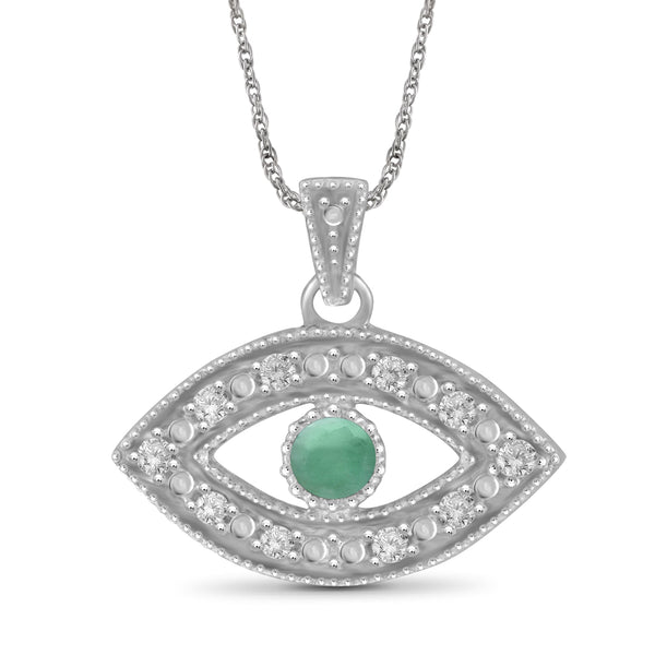 Emerald Accent And White Diamond Accent Sterling Silver Evil Eye Pendant, 18"