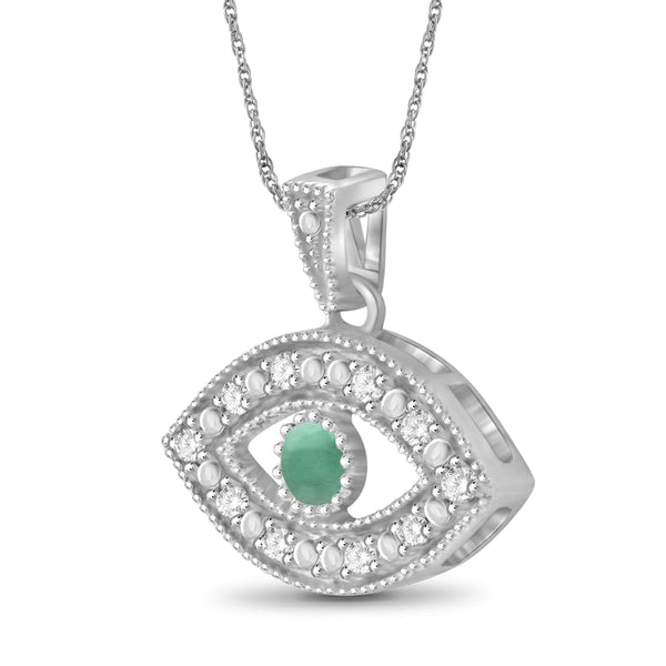 Emerald Accent And White Diamond Accent Sterling Silver Evil Eye Pendant, 18"