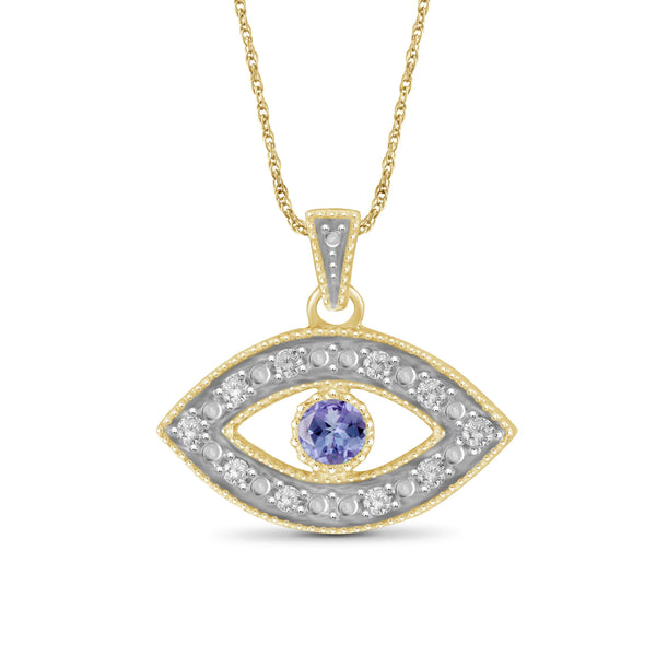 Tanzanite Accent And White Diamond Accent 14K Gold-Plated Evil Eye Pendant, 18"