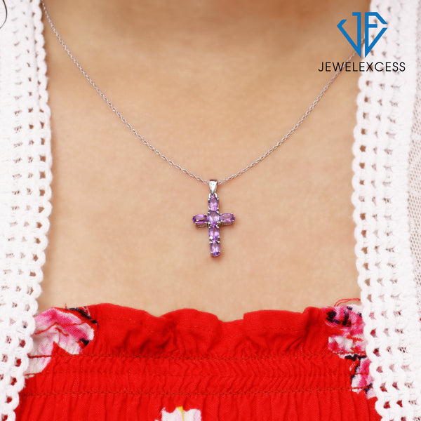 Silver Cross Necklaces for Women –Silver Cross Necklace for Women Over .925 Sterling Silver Or 14KCross –  Amethyst Necklace – Hypoallergenic Cross Pendant