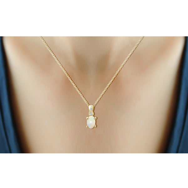 0.26 Ctw Opal Gemstone And Accent White Diamond 14K Gold-Plated Pendant, 18"