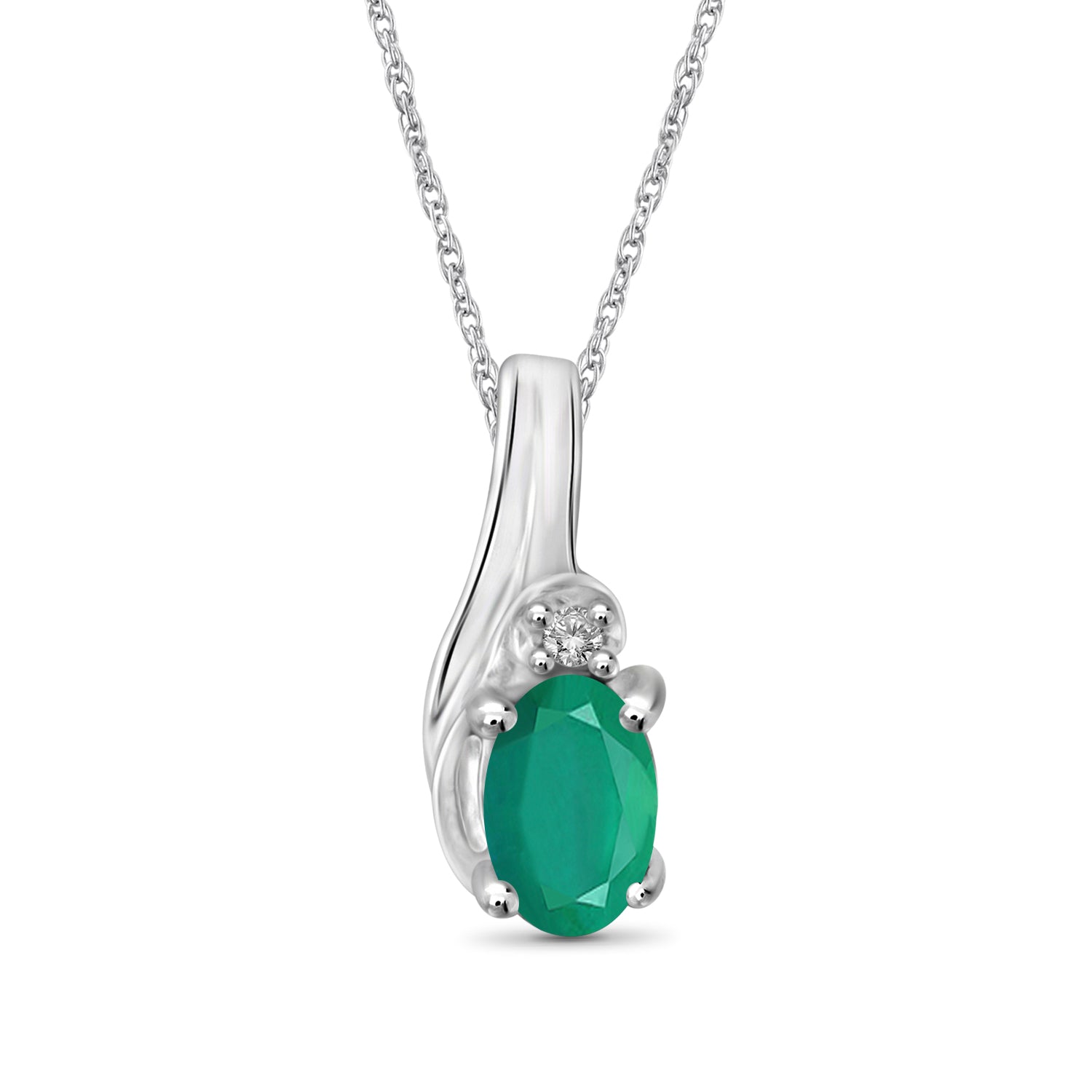 0.23 Ctw Genuine Emerald And White Diamond Accent Sterling Silver Pendant, 18"