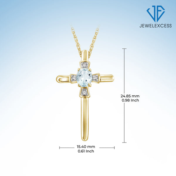 1/4 Carat T.G.W. Aquamarine And Accent White Diamond 14K Gold-Plated Cross Pendant