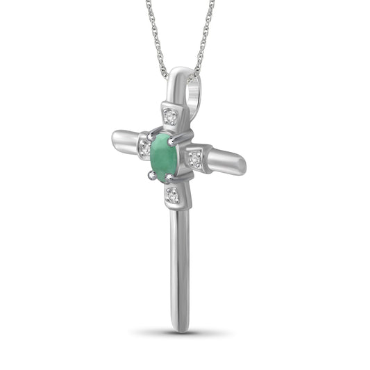 1/4 ct. T.G.W. Emerald Cross Pendant with Diamond Accent in Sterling Silver