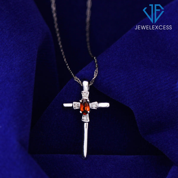 1/3 Carat T.G.W. Garnet And Accent White Diamond Sterling Silver Or 14K Gold-Plated Cross Pendant