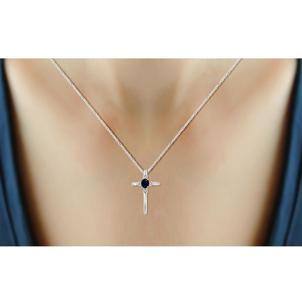 0.32 Carat Sapphire Gemstone and Accent White Diamond Sterling Silver Cross Pendant