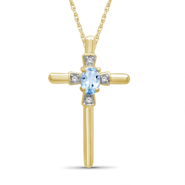 1/4 Carat T.G.W. Sky Blue Topaz And Accent White Diamond Sterling Silver Or 14K Gold-Plated Cross Pendant