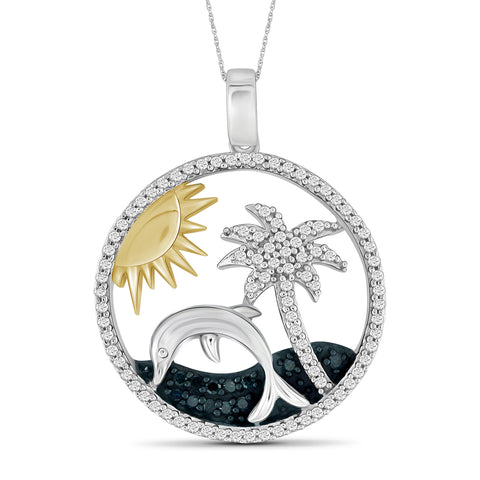 Necklaces for Women Sterling Silver Necklace – 1/3 CTW White and Blue Diamond Necklace for Women – .925 Silver Chain Necklace Pendant – Palm Tree Necklace Birthday Gifts for Women