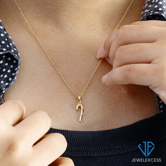 White Diamond Candy Cane Pendant in 14K Gold over Silver