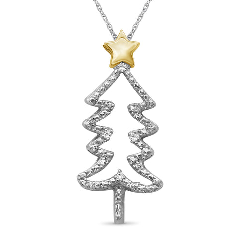 Christmas Tree Necklace Diamond Necklaces for Women – Genuine White Diamond, Two-Tone Silver Necklace Christmas Tree – Christmas Gifts for Women – Silver Diamond Pendant Necklace for Women