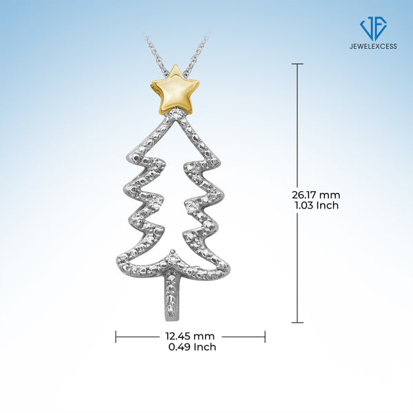 Christmas Tree Necklace Diamond Necklaces for Women – Genuine White Diamond, Two-Tone Silver Necklace Christmas Tree – Christmas Gifts for Women – Silver Diamond Pendant Necklace for Women