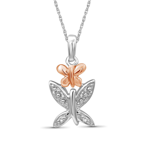 Accent White Diamond Two Tone Sterling Silver ButterFly Pendant