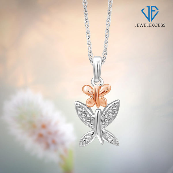 Accent White Diamond Two Tone Sterling Silver ButterFly Pendant