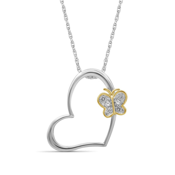 Accent White Diamond Two-Tone Sterling Silver Butterfly Heart Pendant