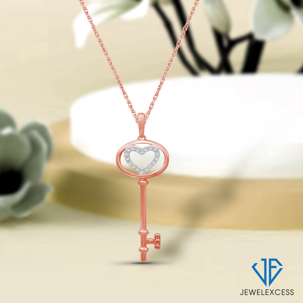 Diamond Accent Key Pendant in Rose Gold over Silver