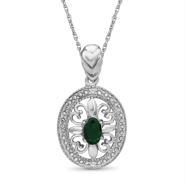 1/3 Carat T.G.W. Created Emerald And White Diamond Accent Sterling Silver Or 14K Gold-Plated Pendant, 18"
