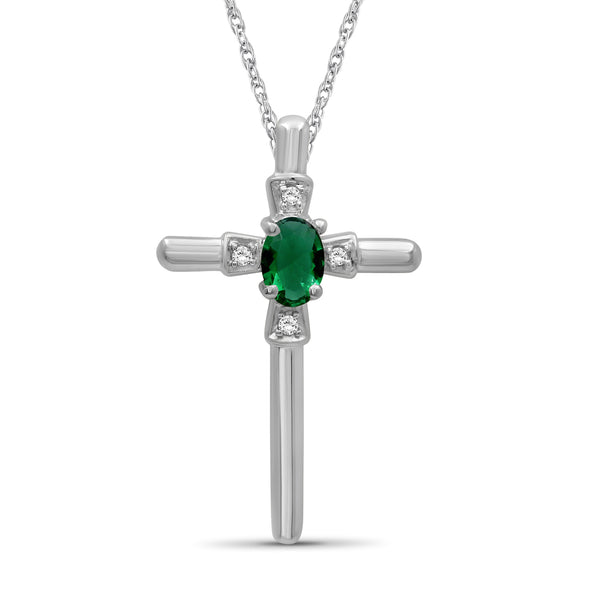1/4 Carat T.G.W. Created Emerald And Accent White Diamond Sterling Silver Or 14K Gold-Plated Cross Pendant
