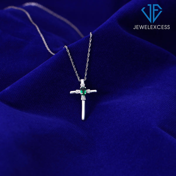 1/4 Carat T.G.W. Created Emerald And Accent White Diamond Sterling Silver Or 14K Gold-Plated Cross Pendant