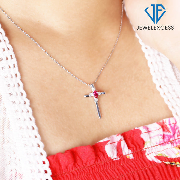 1/4 Carat T.G.W. Created Ruby And Accent White Diamond Sterling Silver Or 14K Gold-Plated Cross Pendant