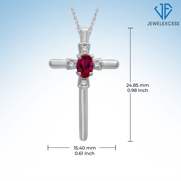 1/4 Carat T.G.W. Created Ruby And Accent White Diamond Sterling Silver Or 14K Gold-Plated Cross Pendant