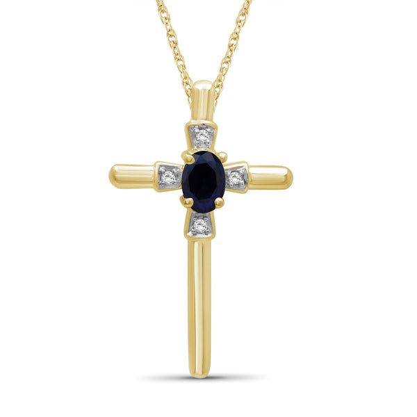 1/7 Carat T.G.W. Created Sapphire And Accent White Diamond Sterling Silver Or 14K Gold-Plated Cross Pendant