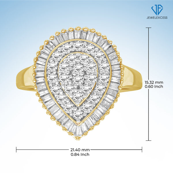 White Diamond Ring with 14K Gold Plating for Women & Girls | Teardrop Halo Promise Ringwith Round & Baguette Cut Diamonds