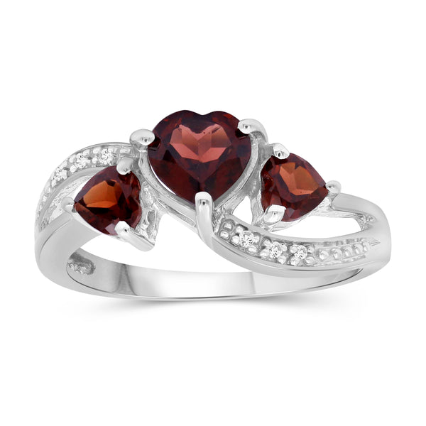 Garnet Ring – Stunning Sterling Silver Ring with 1 1/2 Carat T.G.W. Garnets & White Diamond Accents - Elegant Heart Ring Design - Hypoallergenic Sterling Silver Diamond Ring