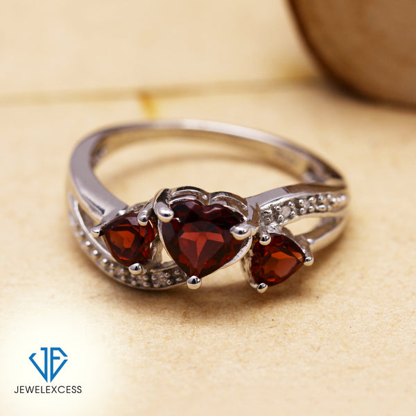 Garnet Ring – Stunning Sterling Silver Ring with 1 1/2 Carat T.G.W. Garnets & White Diamond Accents - Elegant Heart Ring Design - Hypoallergenic Sterling Silver Diamond Ring