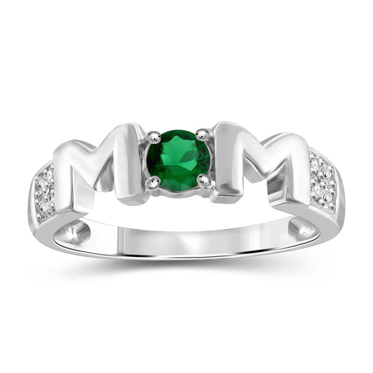 Created Emerald & Created White Sapphire Mother's Ring in Sterling Silver or 14K Gold over Silver