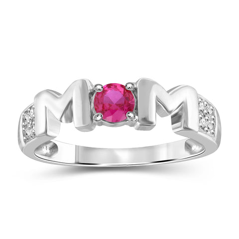 Mothers Ring Created Ruby Rings for Women – Thoughtful Mom Ring Design with Created WhiteSapphire & Birthstone – Sterling Silver Rings for Women or Sterling Silver Ring Plated Gold Ring