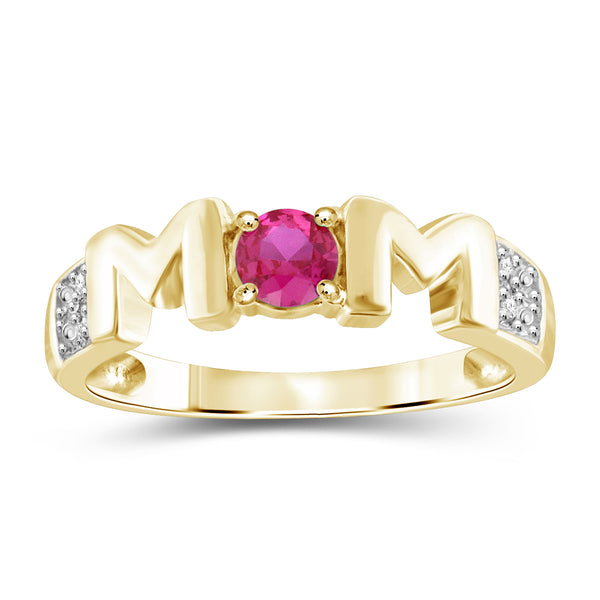 Mothers Ring Created Ruby Rings for Women – Thoughtful Mom Ring Design with Created WhiteSapphire & Birthstone – Sterling Silver Rings for Women or Sterling Silver Ring Plated Gold Ring