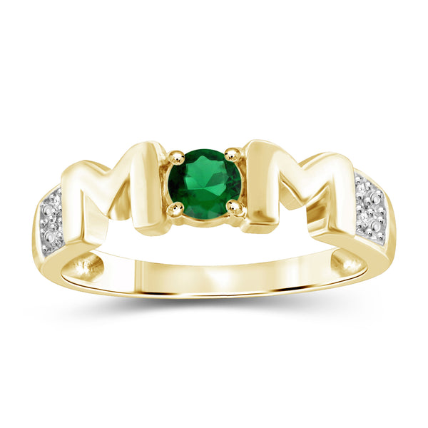 Mothers Ring Created Emerald Rings for Women – Thoughtful Mom Ring Design with Created WhiteSapphire & Birthstone – Sterling Silver Rings for Women or Sterling Silver Ring Plated Gold Ring