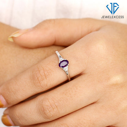 Birthstone Ring with Diamond Accent in Sterling Silver