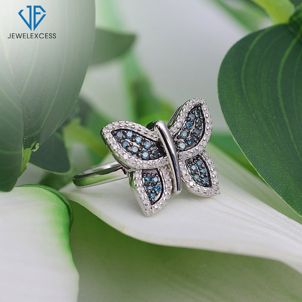 Butterfly Ring Sterling Silver Ring for Women – Genuine Blue & White Diamond Ring with Durable .925 Sterling Silver – Beautiful Butterfly Ring Gifts for Women by JEWELEXCESS