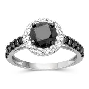 Diamond Halo Rings – 2.00 CTW Black & White Diamond Halo Ring, Sterling Silver Ring Band – Black Ring Diamond Rings for Women – Birthday Gifts