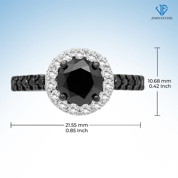 Diamond Halo Rings – 2.00 CTW Black & White Diamond Halo Ring, Sterling Silver Ring Band – Black Ring Diamond Rings for Women – Birthday Gifts