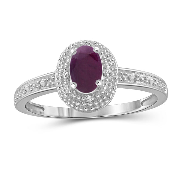 Ruby Ring Birthstone Jewelry – 0.50 Carat Ruby Sterling Silver Ring Jewelry with White Diamond Accent – Gemstone Rings with Hypoallergenic Sterling Silver Band