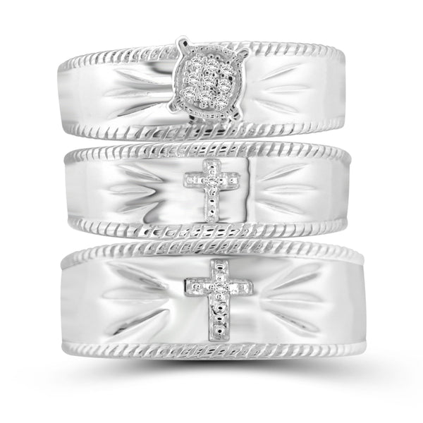 1/20 Carat T.W. White Diamond Sterling Silver Trio Engagement Ring Set