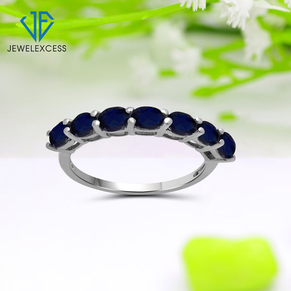 Sapphire Ring – Stunning Sterling Silver Ring with 1.40 Carat T.G.W. Sapphires - Elegant 7-Stone Ring Design - Hypoallergenic Sterling Silver Gemstone Ring