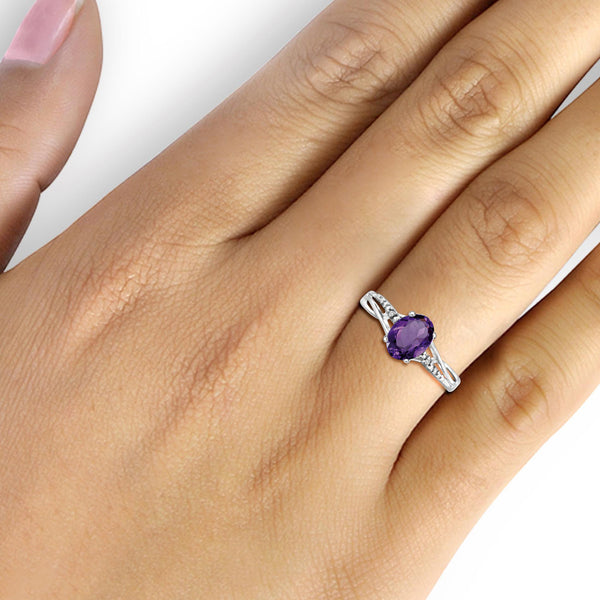 Amethyst Ring Birthstone Jewelry – 1.10 Carat Amethyst 0.925 Sterling Silver Ring Jewelry with White Diamond Accent – Gemstone Rings with Hypoallergenic 0.925 Sterling Silver Band