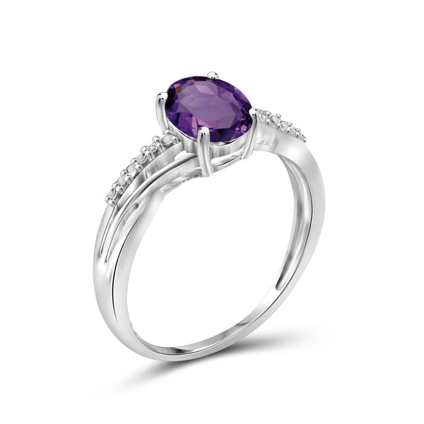 Amethyst Ring Birthstone Jewelry – 1.10 Carat Amethyst 0.925 Sterling Silver Ring Jewelry with White Diamond Accent – Gemstone Rings with Hypoallergenic 0.925 Sterling Silver Band