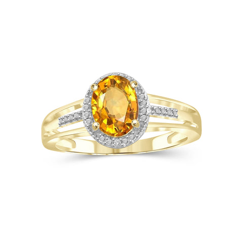 Citrine Ring Birthstone Jewelry – 1.10 Carat Citrine 14K Gold-Plated Ring Jewelry with White Diamond Accent – Gemstone Rings with Hypoallergenic 14K Gold-Plated Band