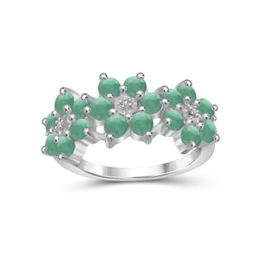 2.16 Carat T.G.W. Emerald Gemstone and White Diamond Accent Sterling Silver Flower Ring