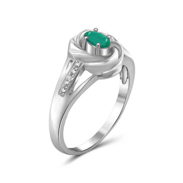 0.23 Carat Emerald Gemstone and Accent White Diamond Sterling Silver Ring