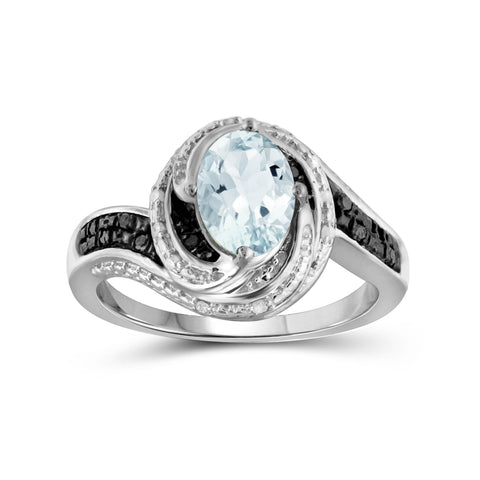 1 1/7 Carat T.G.W. Aquamarine And 1/10 Carat T.W. Black & White Diamond Sterling Silver Ring